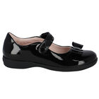 Girls Black Logo Bow Leather Shoes, 1, hi-res
