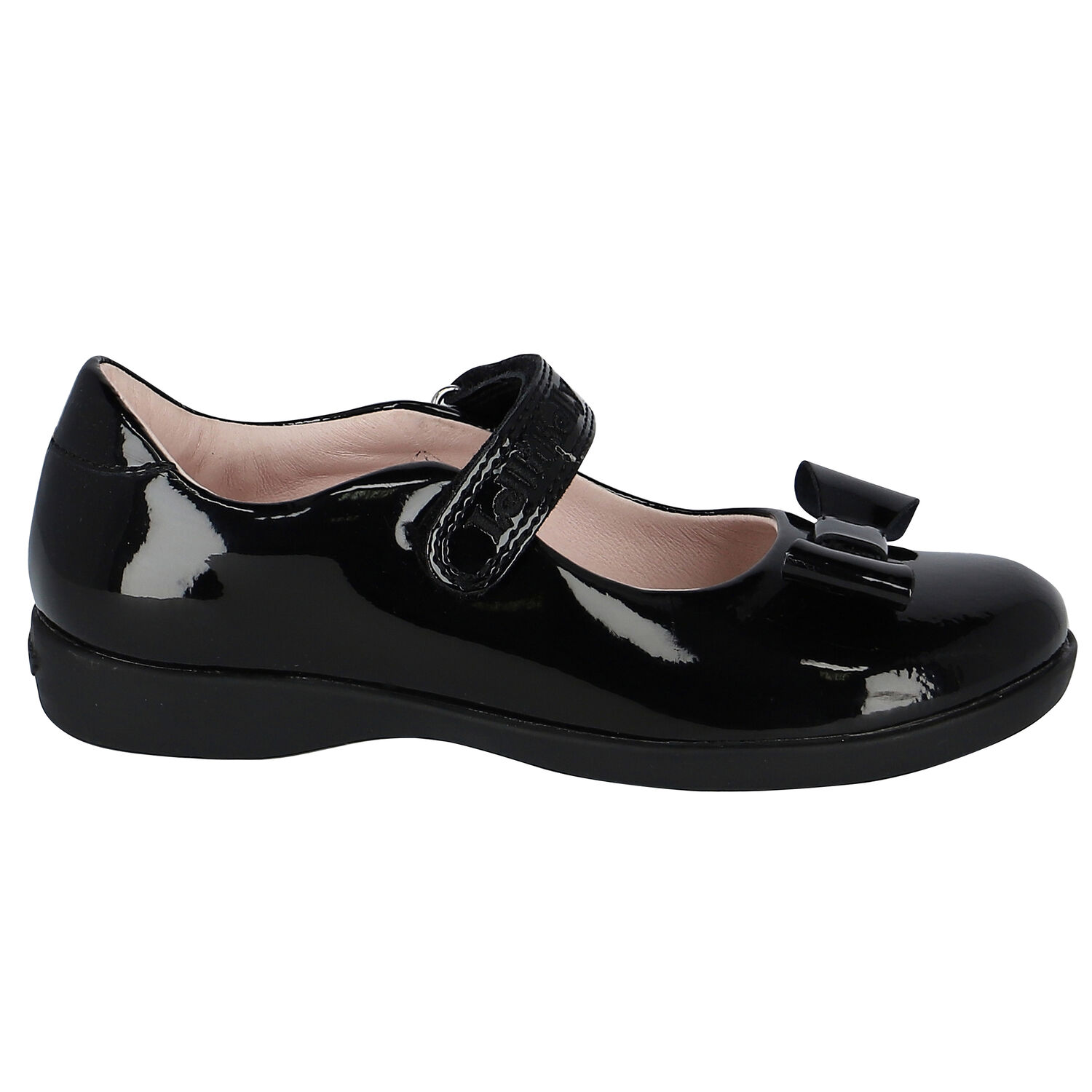 Girls Black Logo Bow Leather Shoes, 1, hi-res