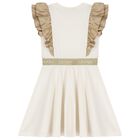 Girls Ivory & Gold Logo Ruffled Dress, 1, hi-res