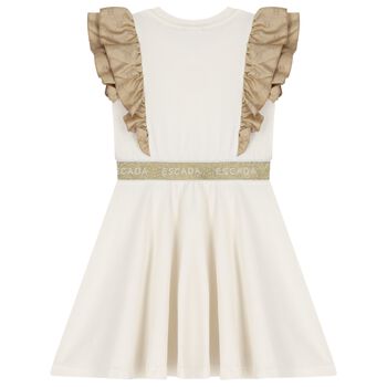 Girls Ivory & Gold Logo Ruffled Dress