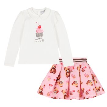 Girls Ivory & Pink Bear Skirt Set