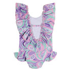 Girls Aqua & Purple Printed Swimsuit, 1, hi-res