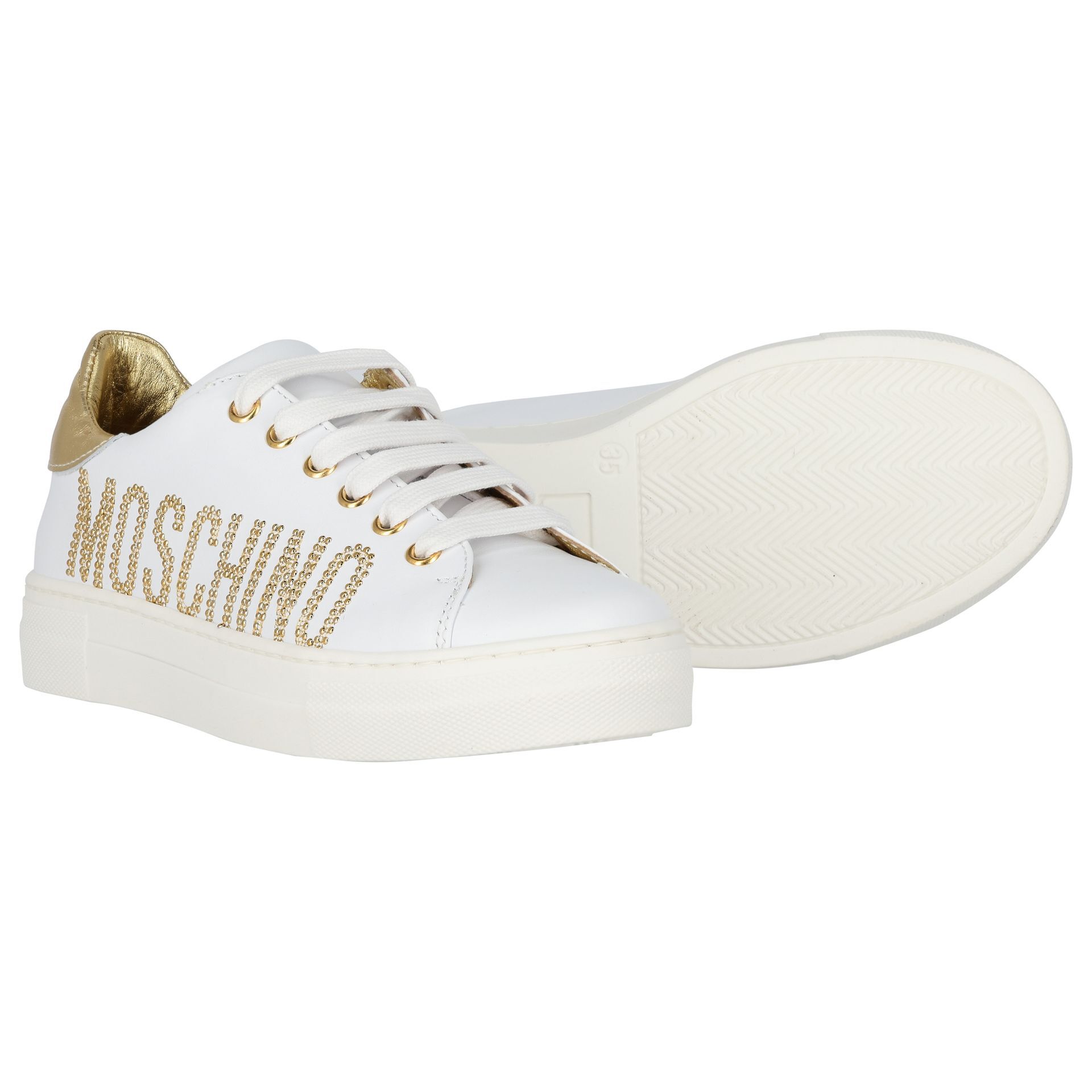 【関税込み】Moschino ホワイト グラフィック フーディ Moschino Girls White & Gold Logo Trainers | Junior Couture