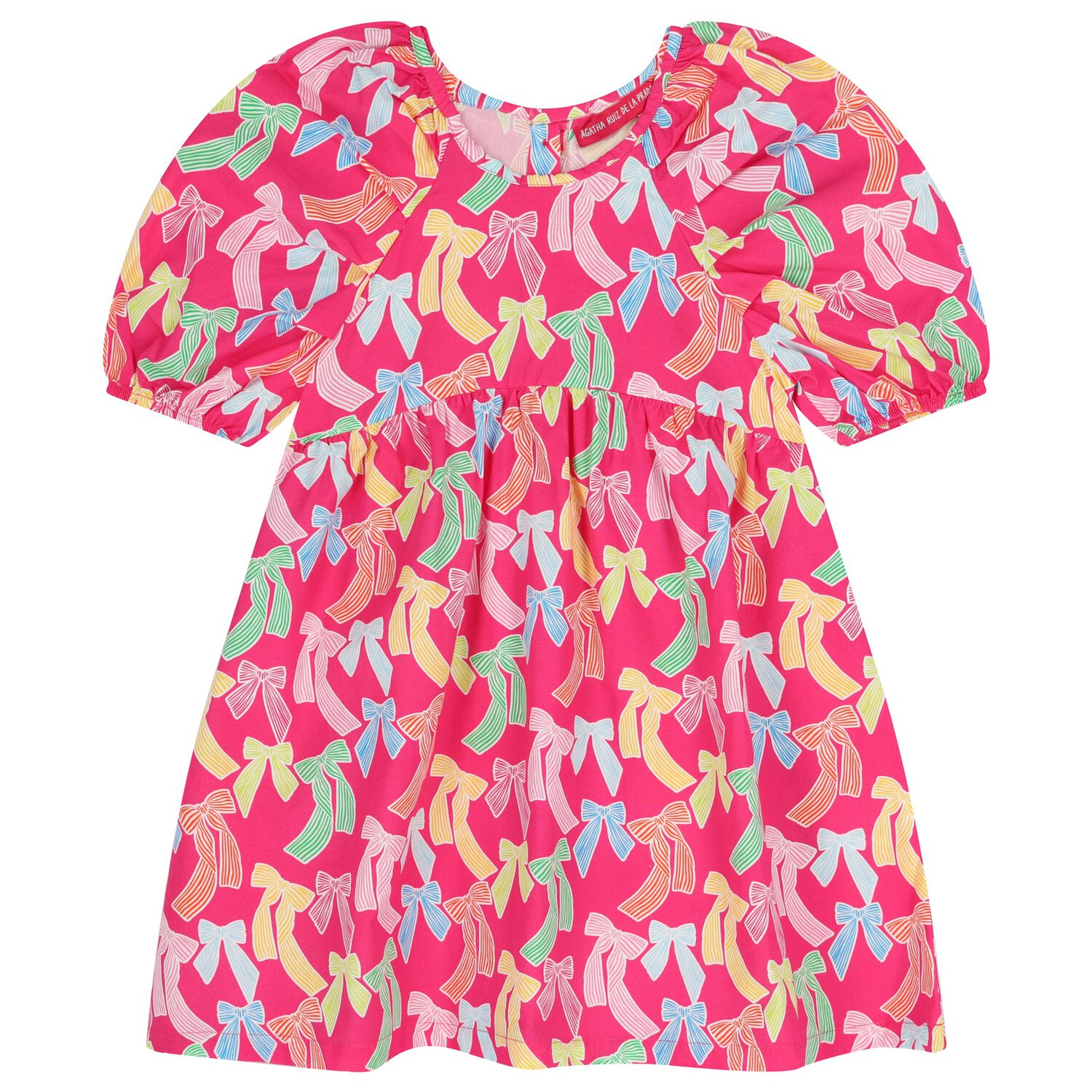 فستان مزين بنقشة فيونكة باللون الوردي للبنات , 1, hi-res