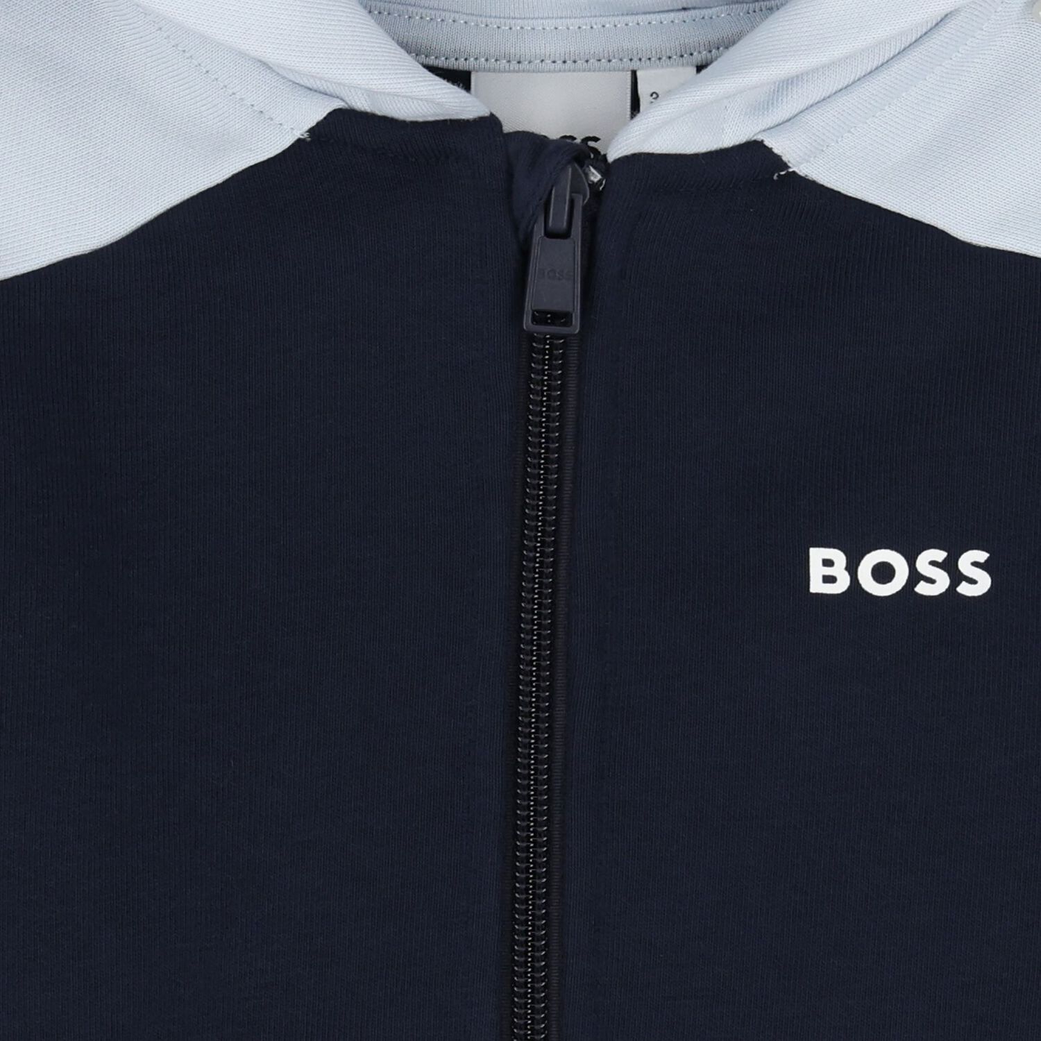 Younger Boys Navy Blue, White & Blue Hooded Zip Up Top, 3, hi-res