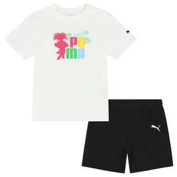 Younger Girls White & Black Logo Shorts Set