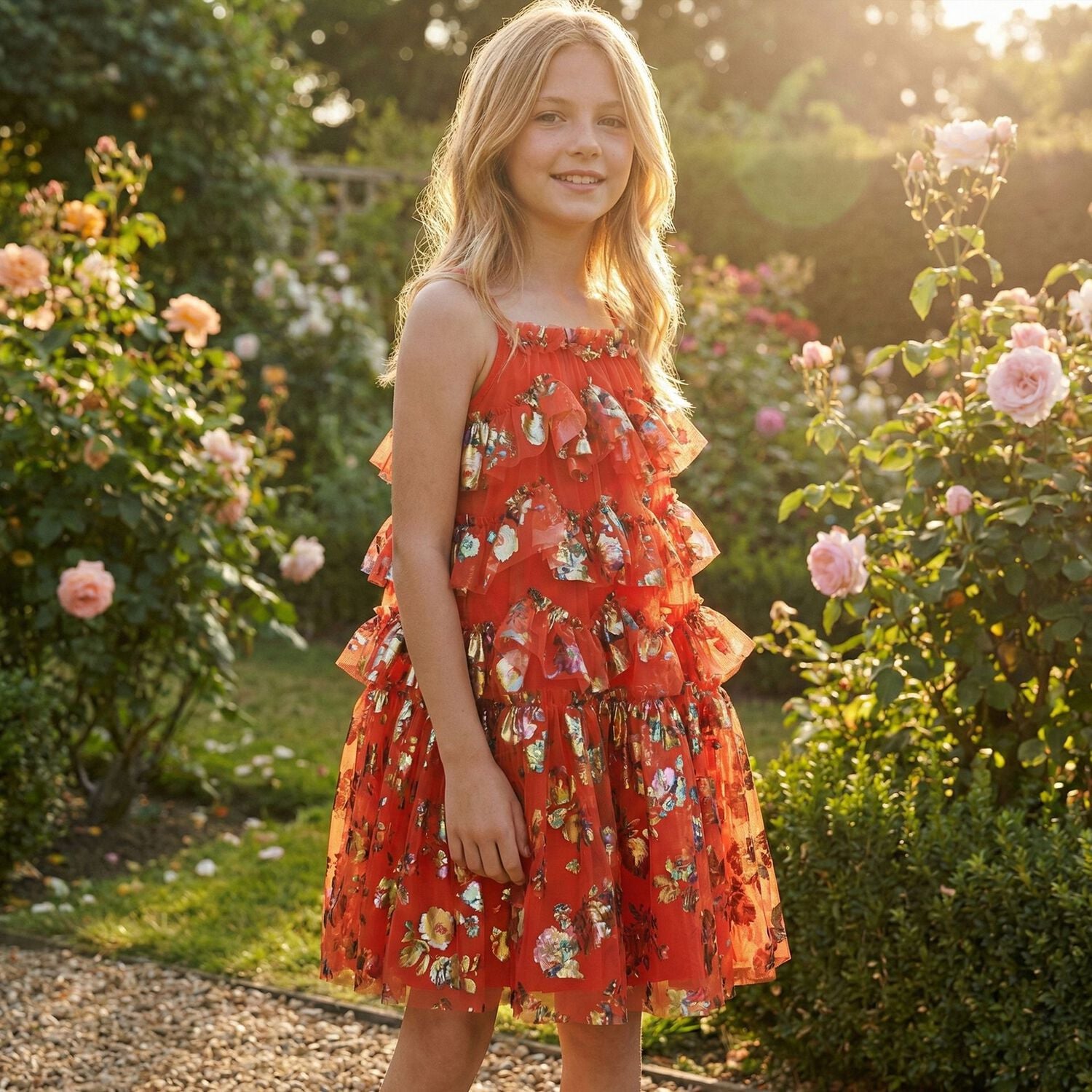 Girls Red Ruffled Tulle Dress, 2, hi-res