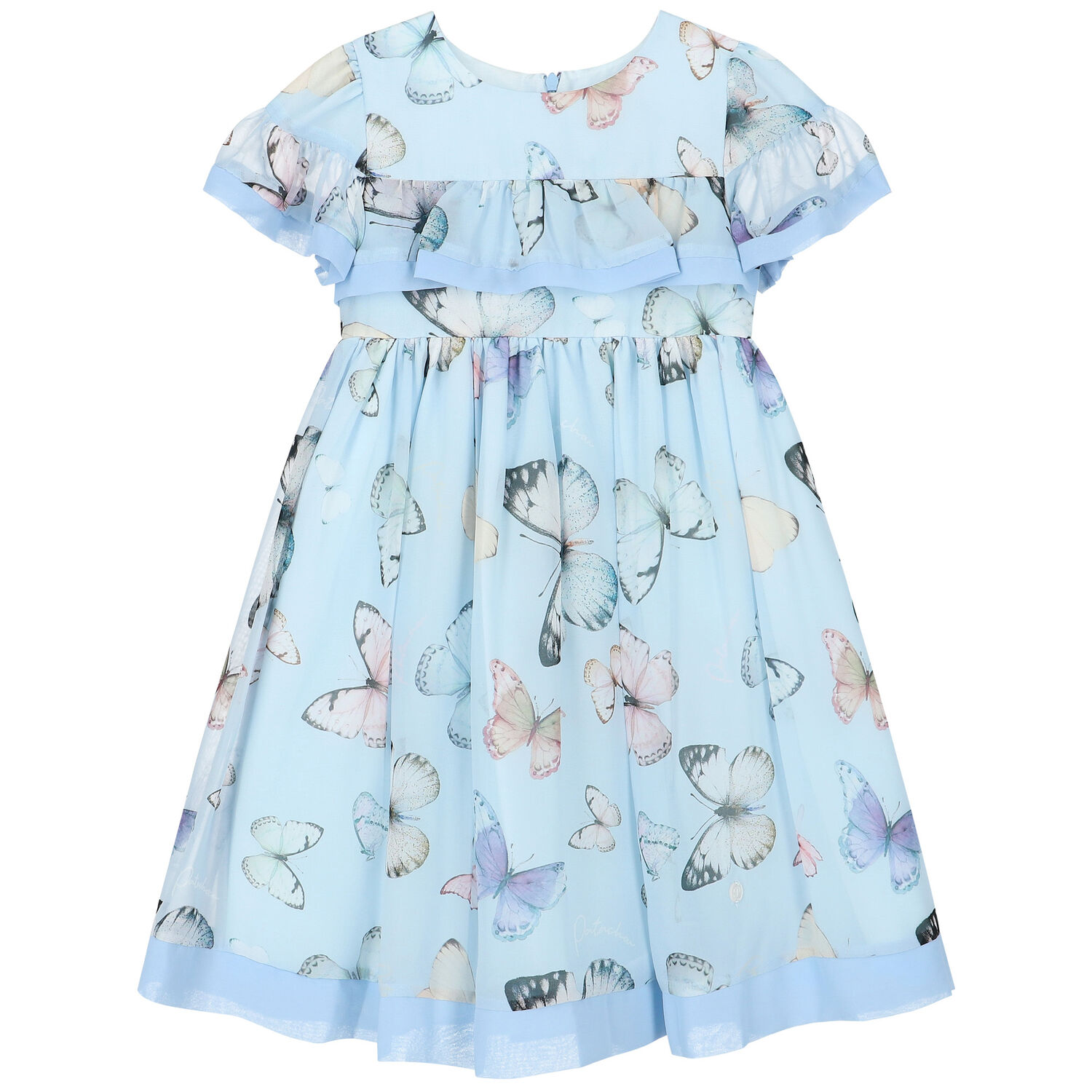 Girls Blue Butterfly Chiffon Dress, 1, hi-res