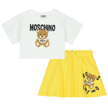 Girls White & Yellow Teddy Bear Logo Skirt Set