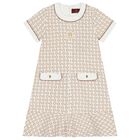 Girls Ivory & Beige Logo Dress, 1, hi-res