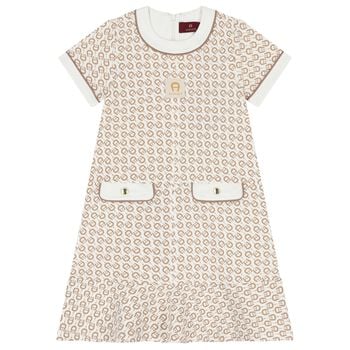 Girls Ivory & Beige Logo Dress