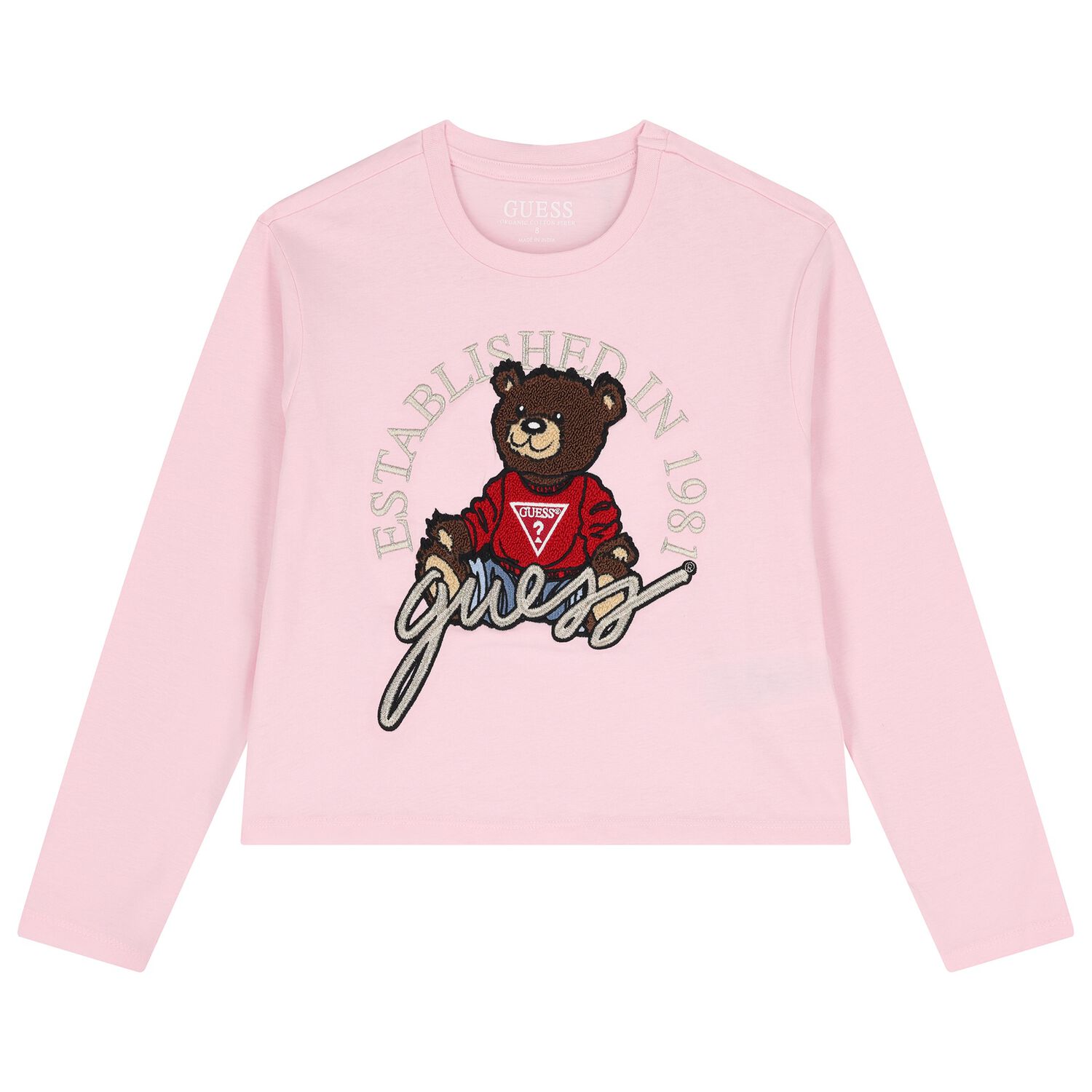 Girls Pink Teddy Bear Logo Long Sleeve Top, 2, hi-res image number null