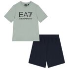 Boys Green & Navy Blue Logo Shorts Set, 3, hi-res
