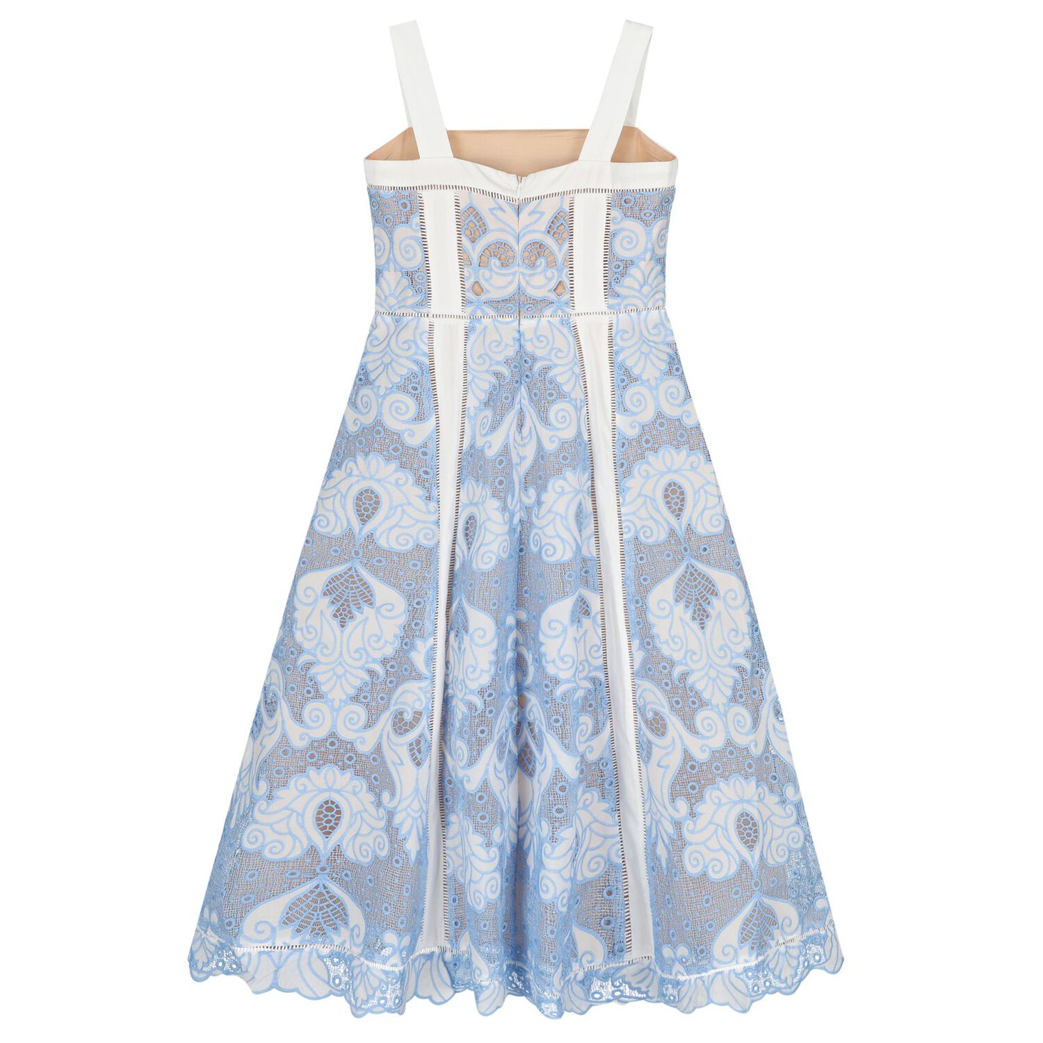 Girls White & Blue Embroidery Maxi Dress, 1, hi-res
