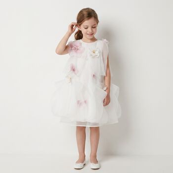 Girls White & Pink 3D Floral Organza Dress