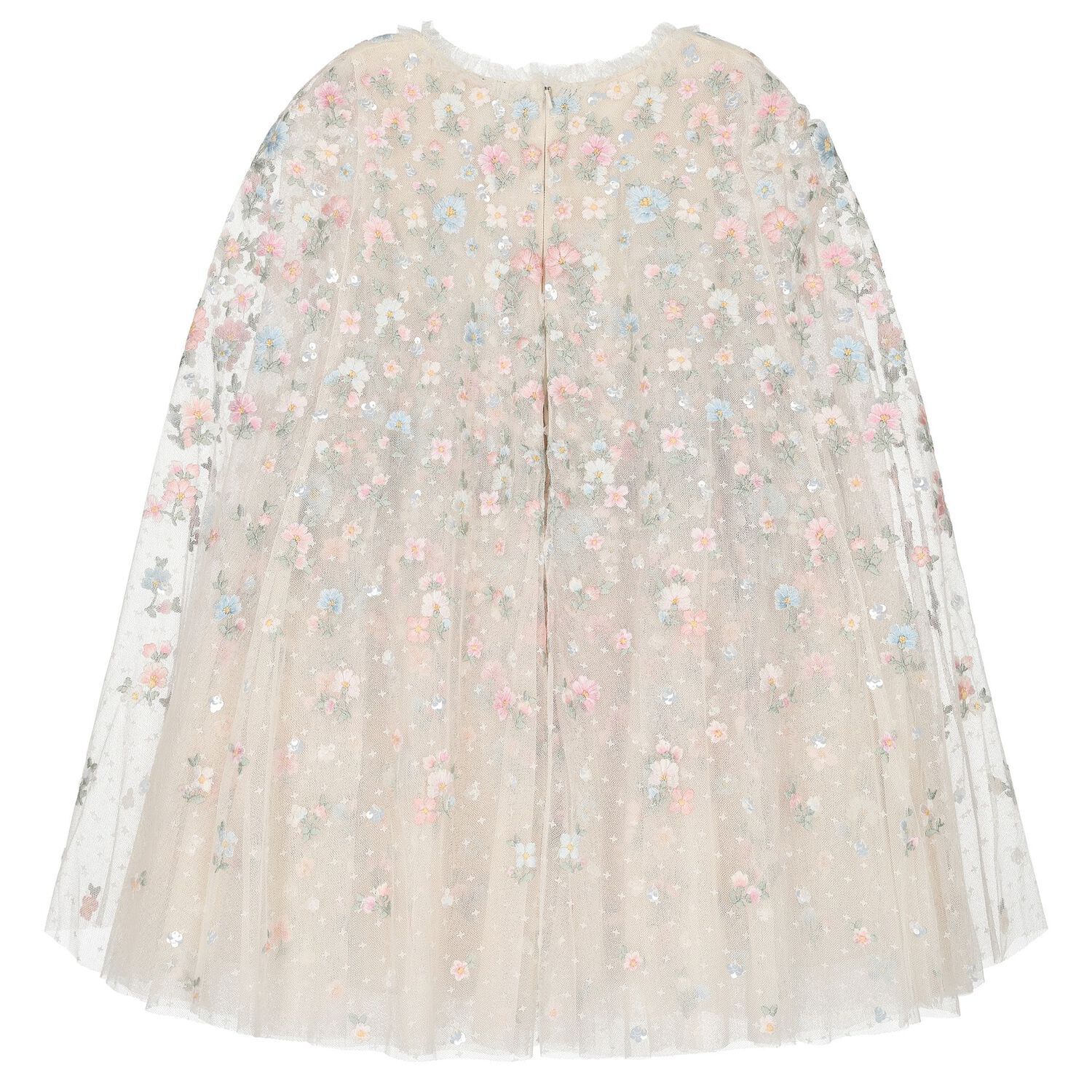 Girls Ivory Floral & Tulle Cape Dress, 1, hi-res