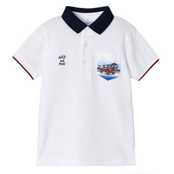 Boys White Graphic Polo Shirt