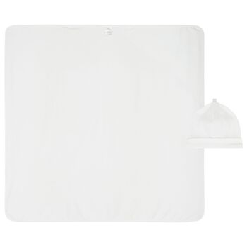 Baby Boys White & Blue Embroidered Blanket & Hat Set