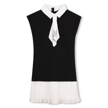 Girls Black & White Pleated Crepe Dress