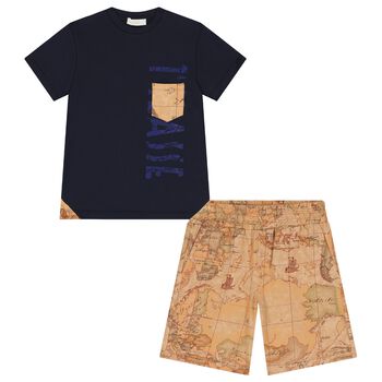 Boys Navy Blue & Beige Geo Map Shorts Set