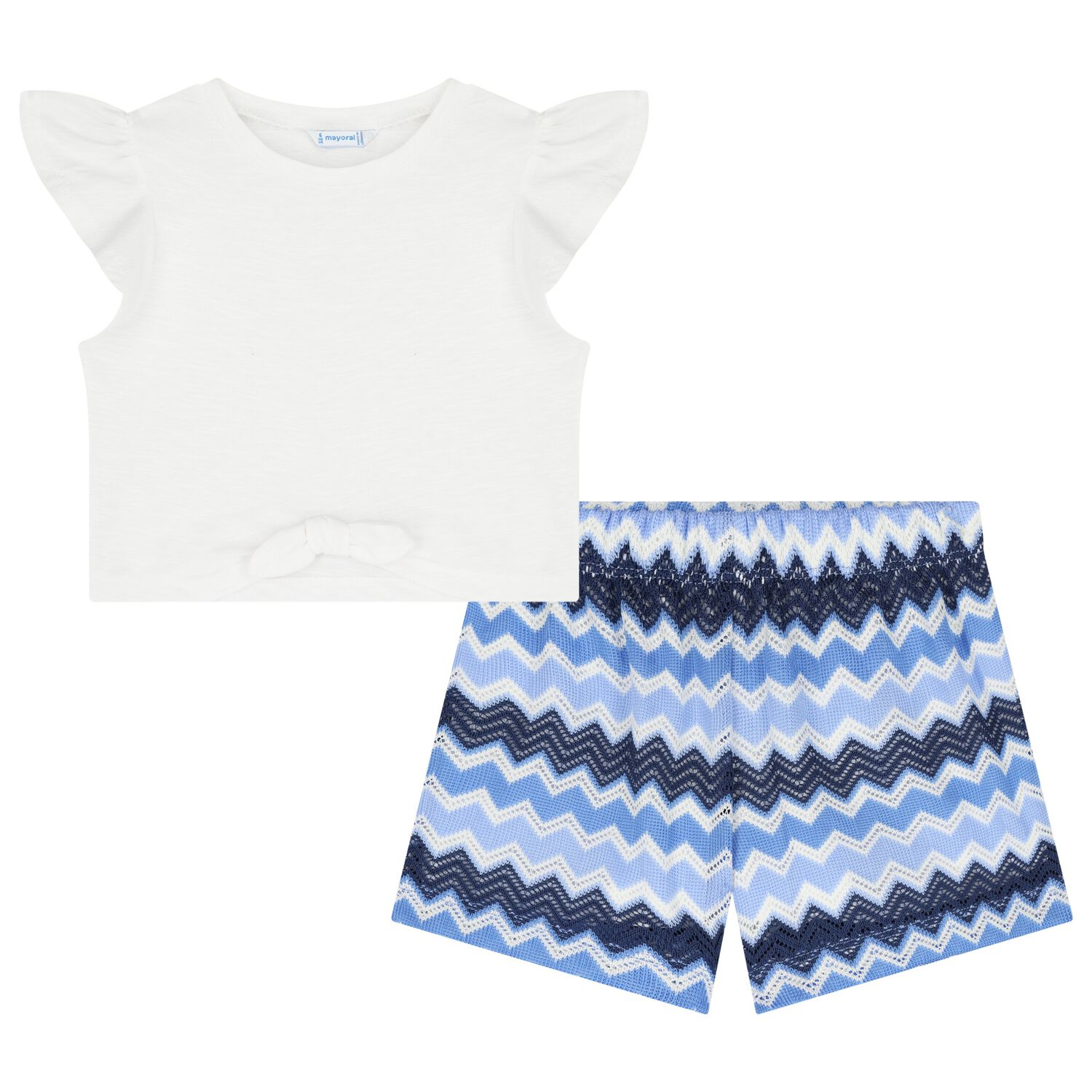 Girls White & Blue Zigzag Shorts Set, 3, hi-res image number null