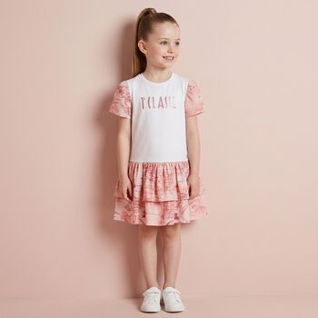 Girls White & Pink Geo Map Dress