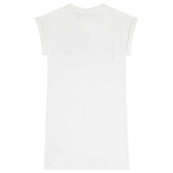 فستان بناتي باللون الابيض مرصع بأحجار الراين مزين بشعار