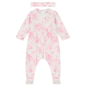 Baby Girls White & Pink Floral Babygrow Set