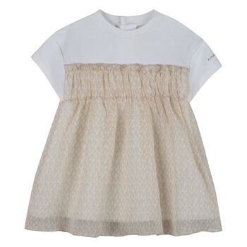 Younger Girls White & Beige Logo Dress