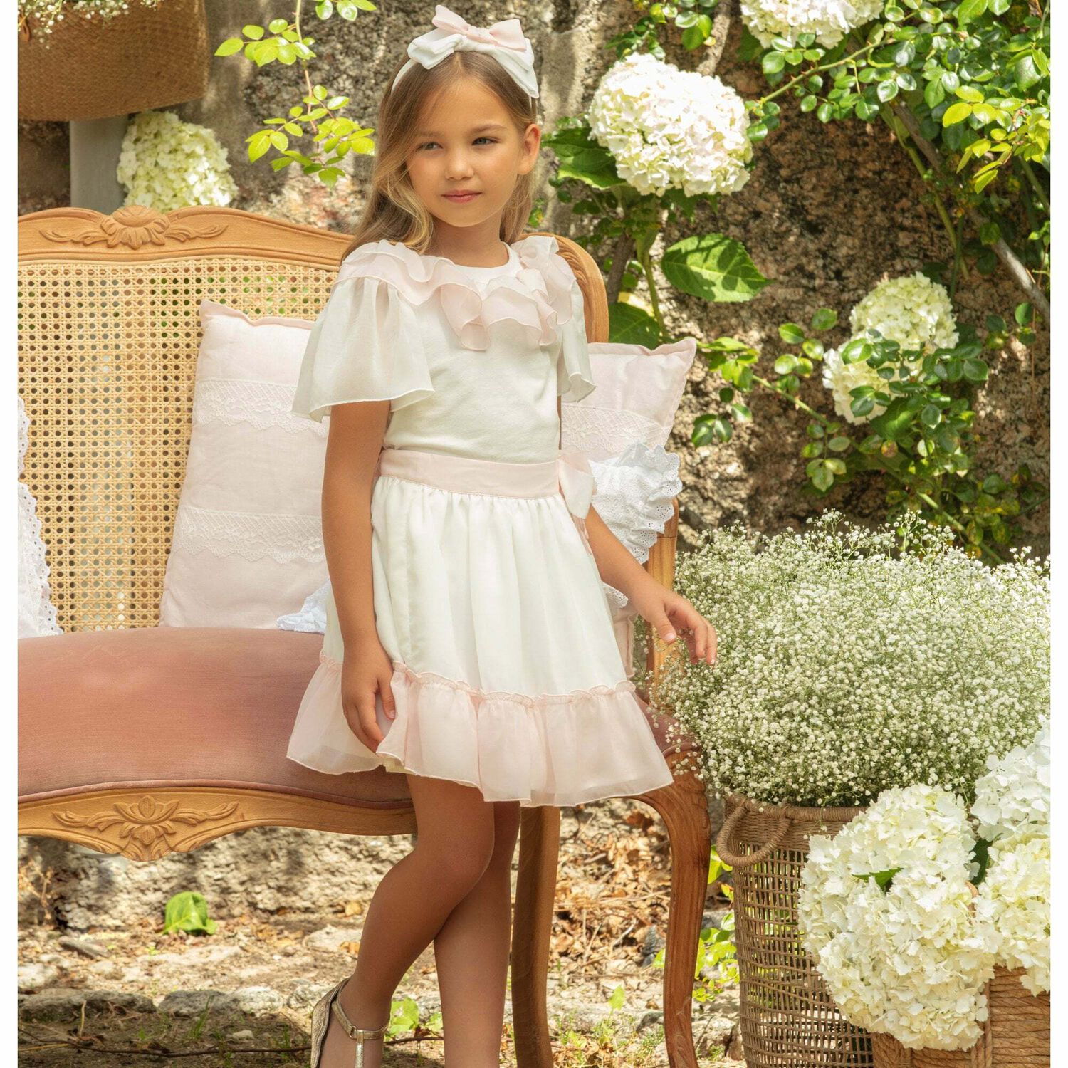 Girls Ivory & Pink  Chiffon Skirt, 1, hi-res image number null