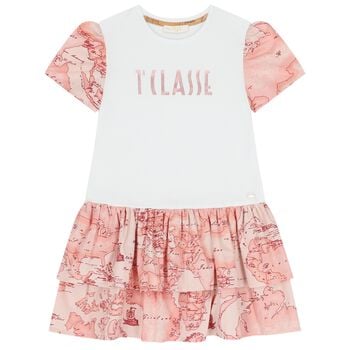 Girls White & Pink Geo Map Dress