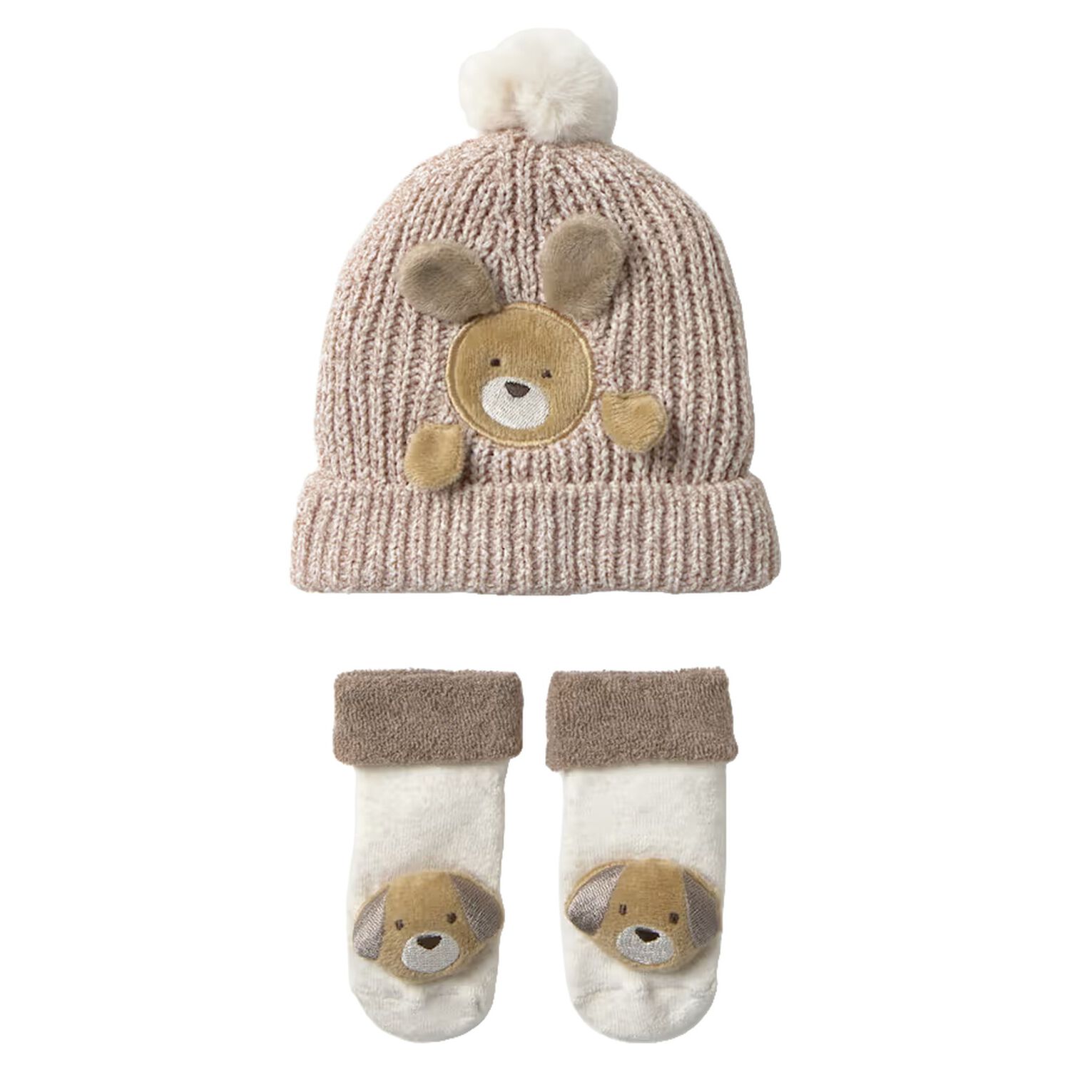 Beige & White Puppy Knitted Baby Hat & Socks Set, 1, hi-res