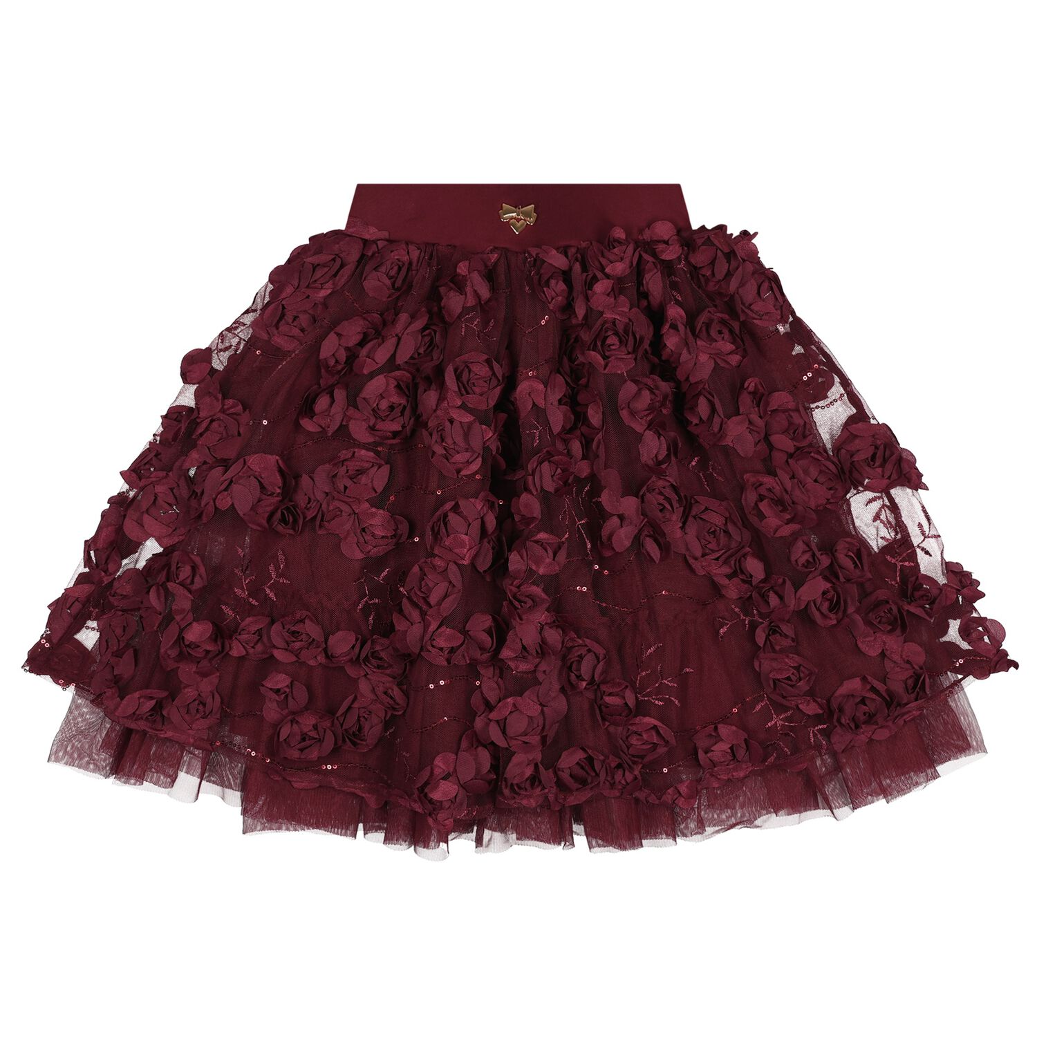 Girls Burgundy 3D Flower & Sequin Tulle Aliza Skirt, 1, hi-res