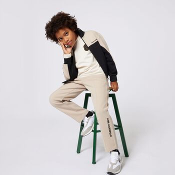 Boys Beige & Black Logo Zip Up Top