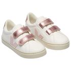 Girls White & Pink Logo Leather Trainers , 1, hi-res