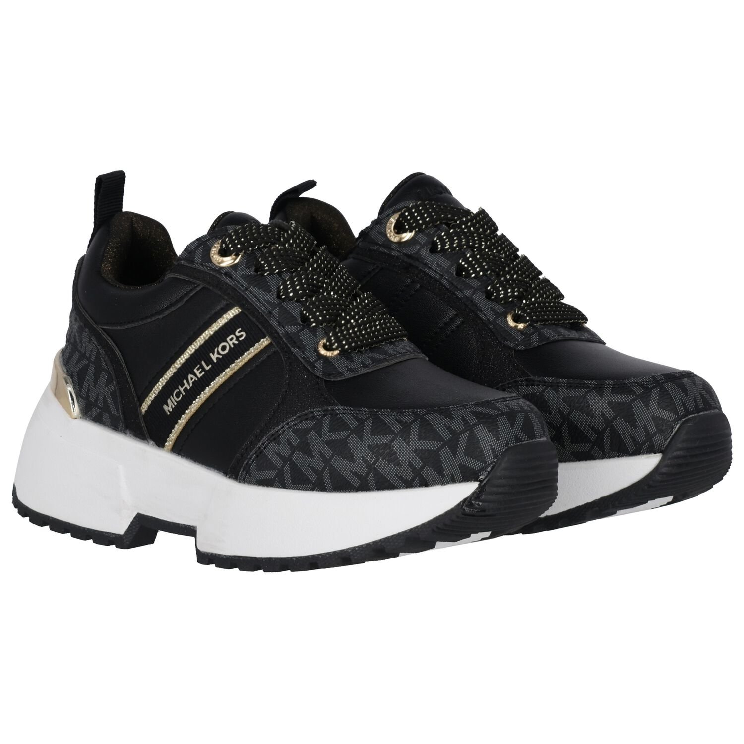 Girls Black & Gold Logo Trainers, 1, hi-res