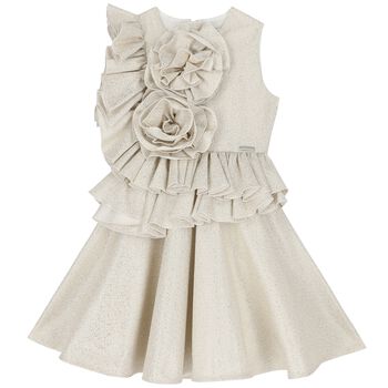 Girls Beige Flower Ruffle Dress