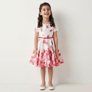 Girls White Floral Satin Dress