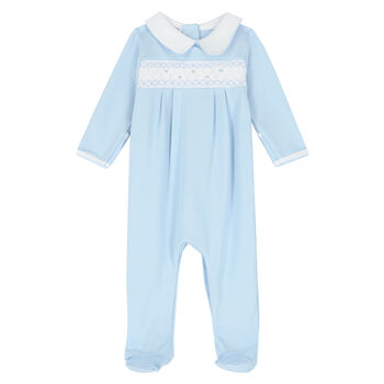 Baby Boys Blue & White Smocked Babygrow