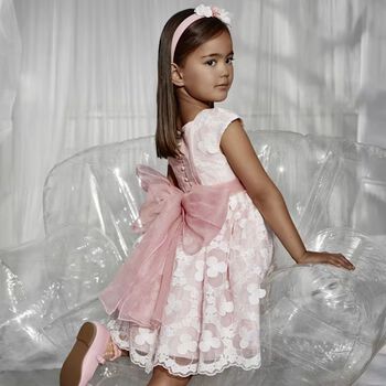 Girls Pink & White Embroidered Organza Dress