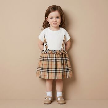 Baby Girls White & Beige Check Dress