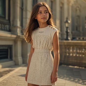 Girls Ivory & Beige Logo Dress