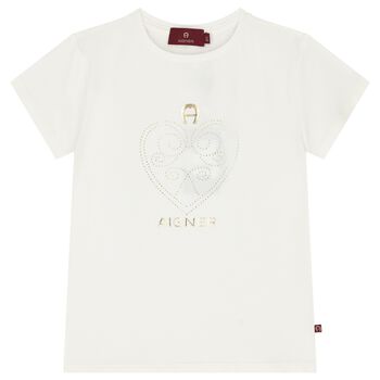 Girls Ivory & Gold Heart Logo T-Shirt