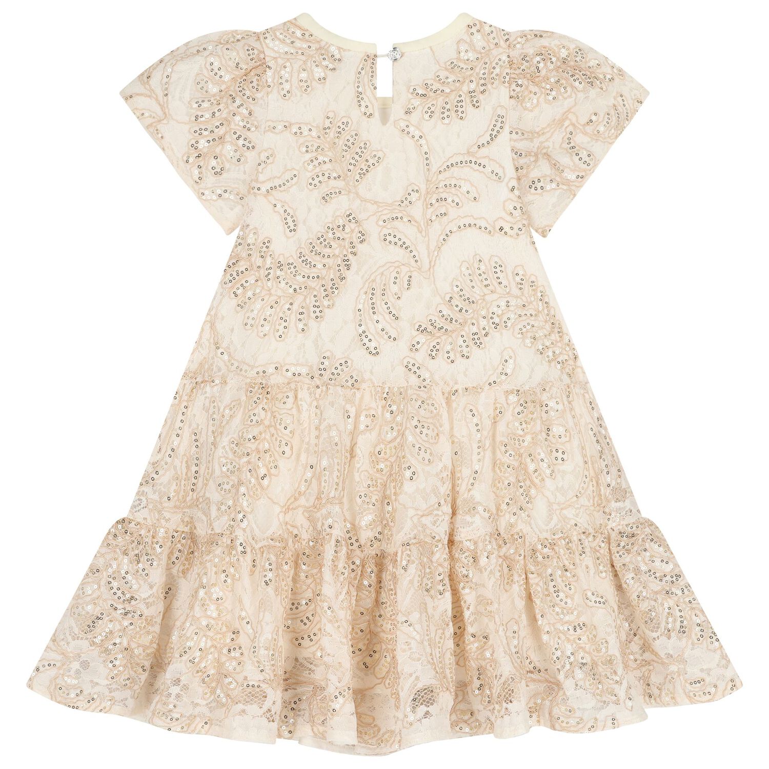 Girls Beige & Gold Lace Dress, 1, hi-res