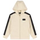 Boys Beige & Black Logo Hooded Zip Up Top , 1, hi-res