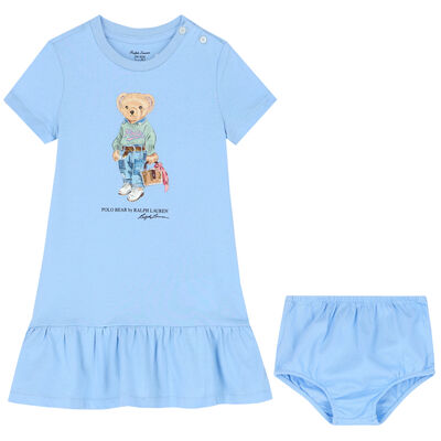 Baby Girls Blue Bear Logo Dress Set