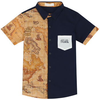 Boys Navy Blue & Beige Geo Map Shirt