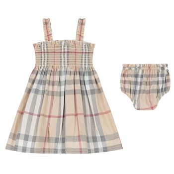 Baby Girls Pale Beige Check Dress Set