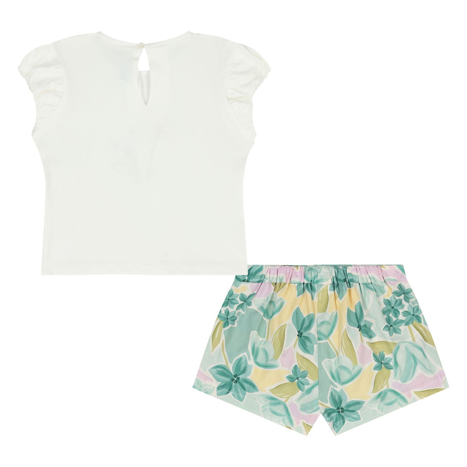 Younger Girls Ivory & Green Floral Shorts Set, 2, hi-res