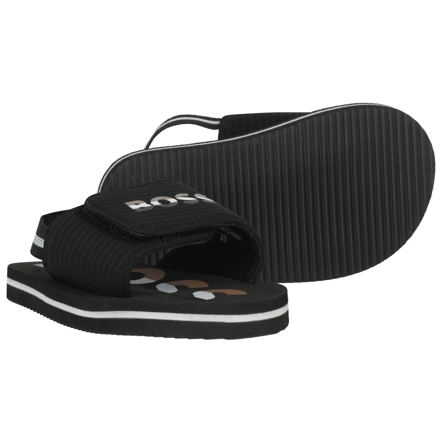 Boys Black Logo Sandals , 1, hi-res